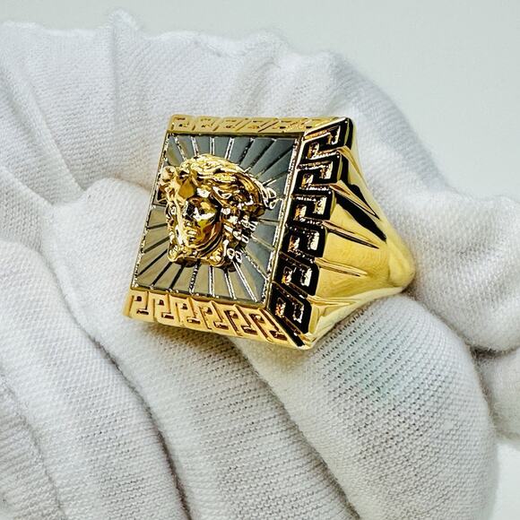 NIB Versace Medusa Head Square Ring 21 US 9.5 Gold Silver Tone Bicolor - Picture 10 of 14